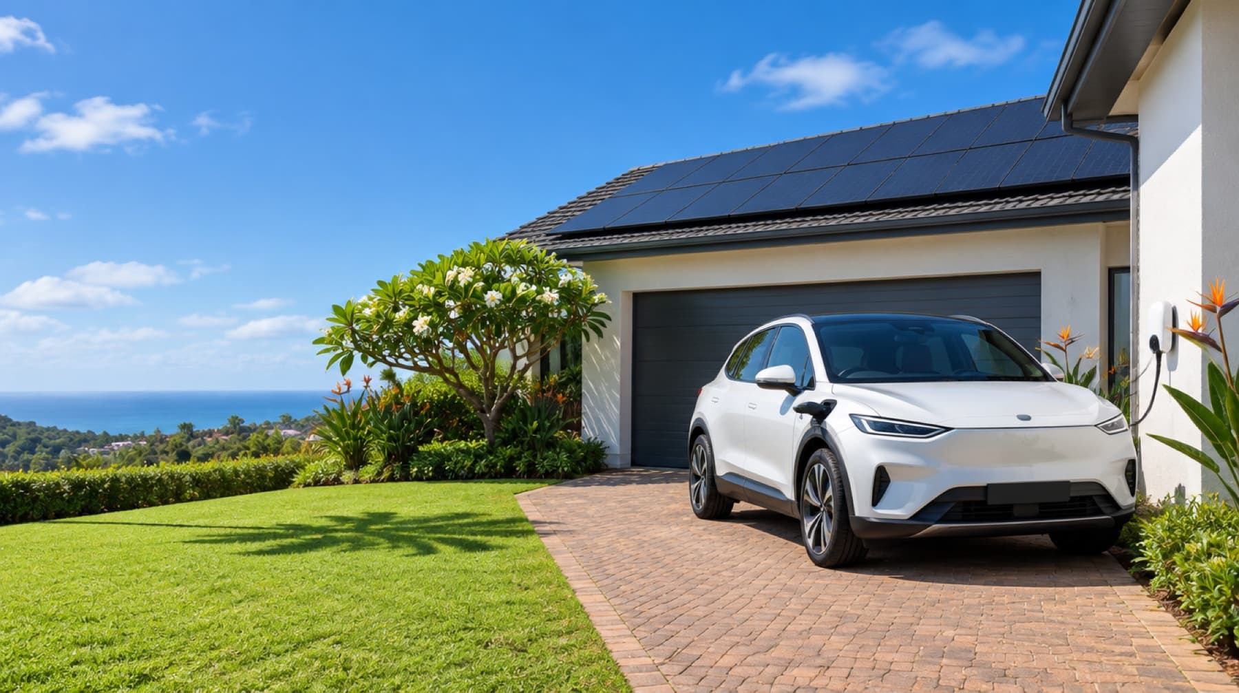 A white electric SUV plugged into a wall charger beside a South African home with solar panels on the roof