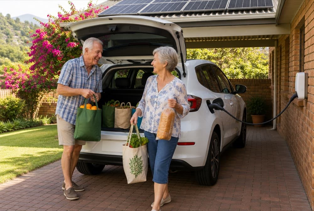 A retired couple unloading groceries from their electric car, charging in a face-brick carport with solar panels