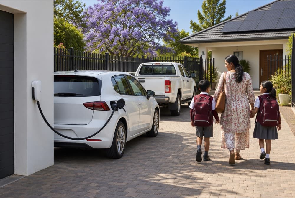 A mother walking her children home from school past their electric car charging at the garage wall