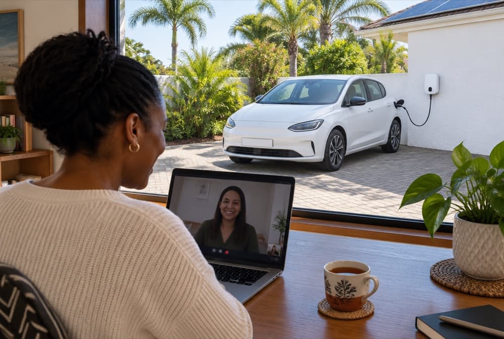 A woman on a video call at her home office desk, with her electric car charging outside the window